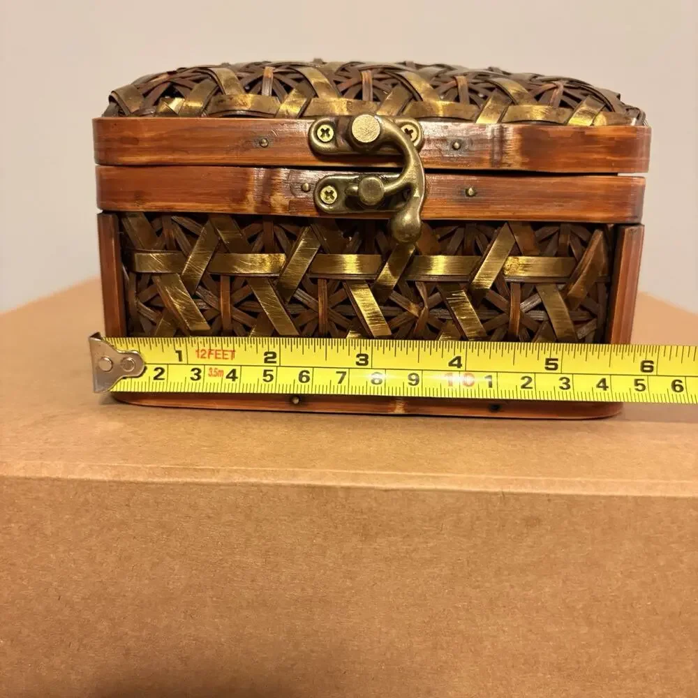Handwoven Bamboo Keepsake Storage Box with Metallic Ribbon Weave & Latch Vintage